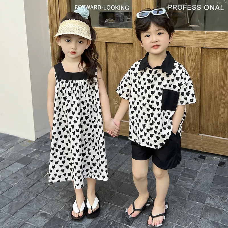 Brother Sister Look Summer Love Printed Kids Baby Girls Sleeveless Dress Loose Polo Shirts+black Shorts Children Siblings Attire