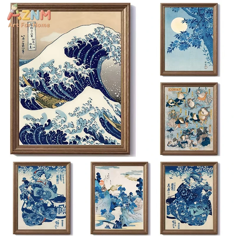 

1/6pcs Japanese Katsushika Hokusai Exhibition Posters and Blue Waves Canvas Painting Wall Art Picture for Living Room Home Decor