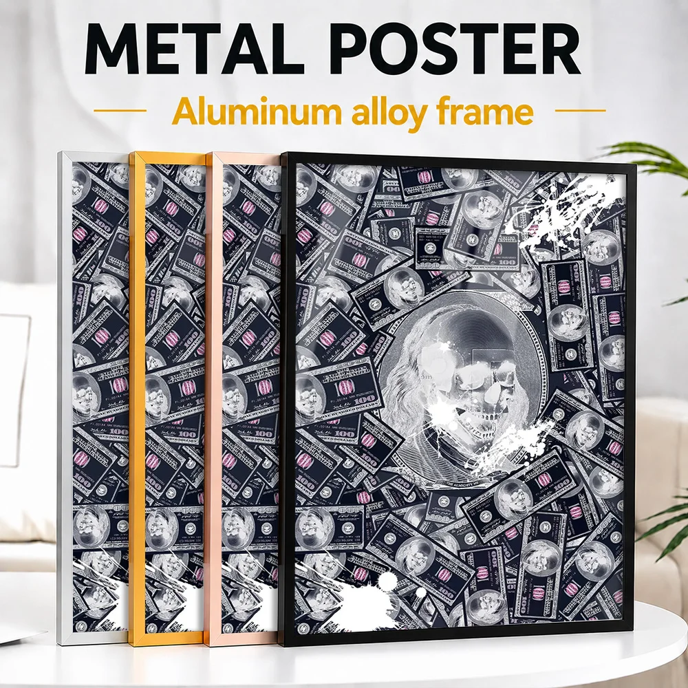 Dollar Bills And Skull Metal Poster With Aluminum Alloy Frame Personalized Digital Illustration Wall Art For Creative Studio