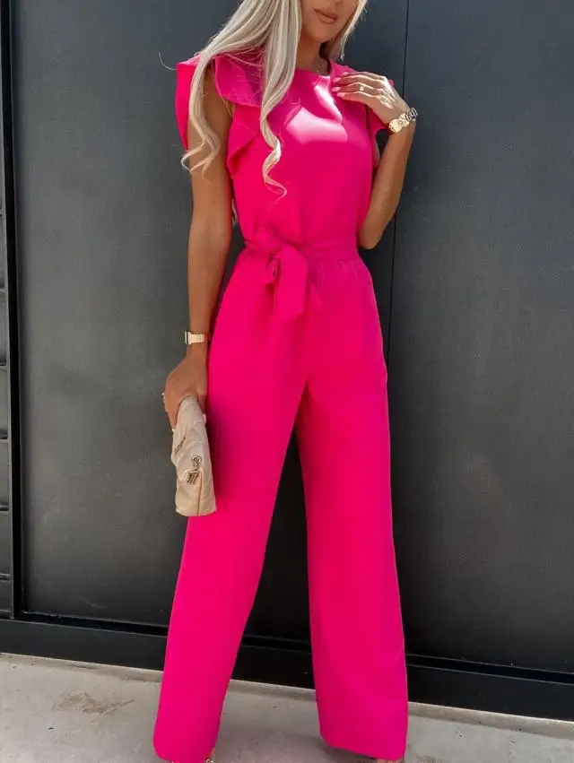 Jumpsuit mit Schnürung, hoher Taille, elegant, einfarbig, gerade geschnitten, modische Rüschenärmel, Dating-Jumpsuit – Detail 2