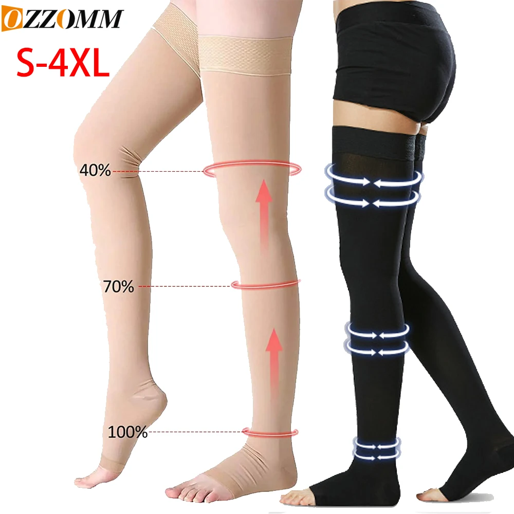 1Pair Thigh High 20-32 MmHg Compression Stocking Toeless Compression Socks for Women & Men Circulation with Silicone Dot Band
