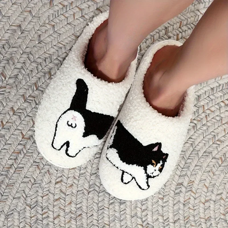 2024 Hot Style Home Furry Slippers Cute Pet Pattern Cat Embroidery Stuffed Warm Non-slip Indoor Slippers Cozy Cotton Slippers