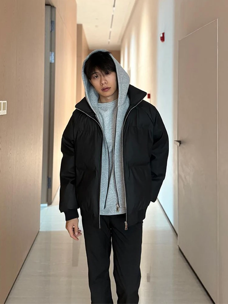 

Thiened Double Layer Zipper Stand Collar Hooded Cotton Jaet Men's Winter Warm Coat High Design Sense Outerwear