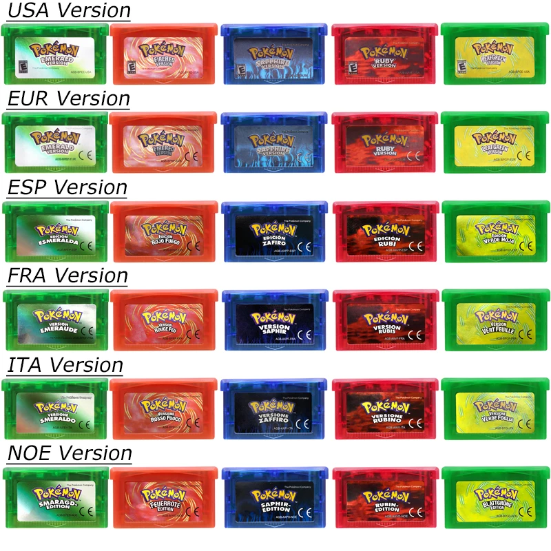 Картридж для видеоигр GBA, 32-битная игровая карта, Pokemon, изумрудный огонь, красный лист, зеленый рубин, сапфир, блестящая этикетка, многоязычная