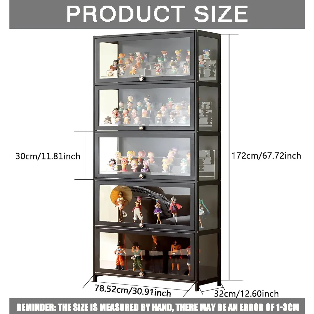 5-Tier Display Cabinet with Acrylic Doors, 67Transparent Bamboo Curio Display Case for Figures, Display Shelves for Collectibles