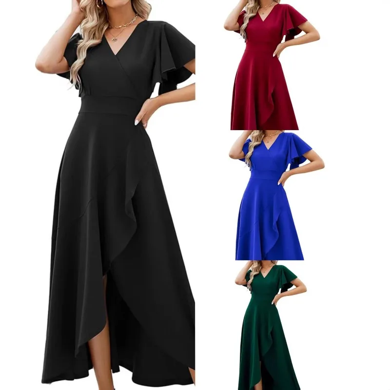 

Women's Lotus Leaf Sleeve V-neck Temperament Elegant Evening Dress Spring and Summer Polyester Dress