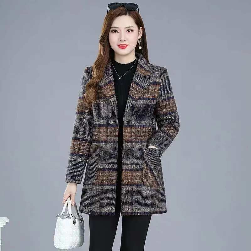 New Autumn Winter Women's Plaid Woolen Coat Mid-length Casual Female Jackets Double breasted Outerwear Ladies Jacket Overcoats