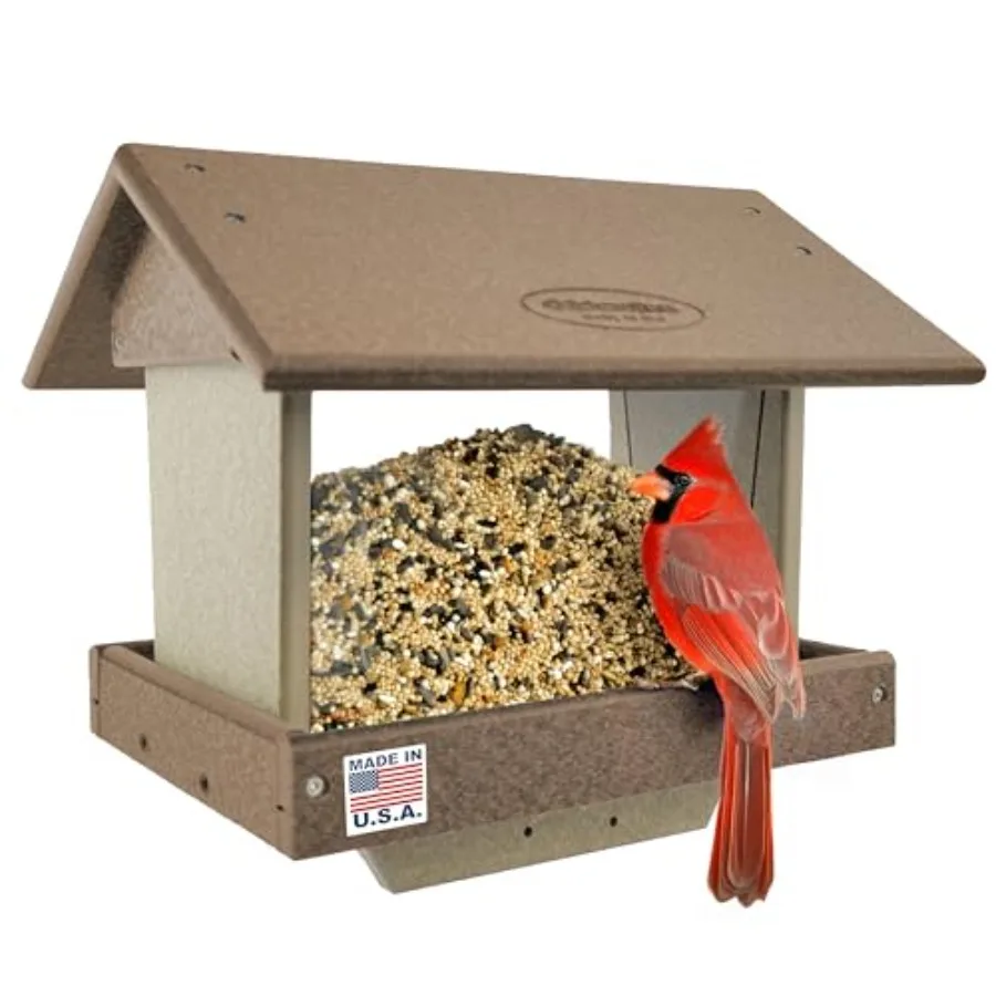 

Outdoor garden bird feeder with large poly hopper 4 x 4 wild songbird seed capacity weather-resistant gray plastic Amish-made d