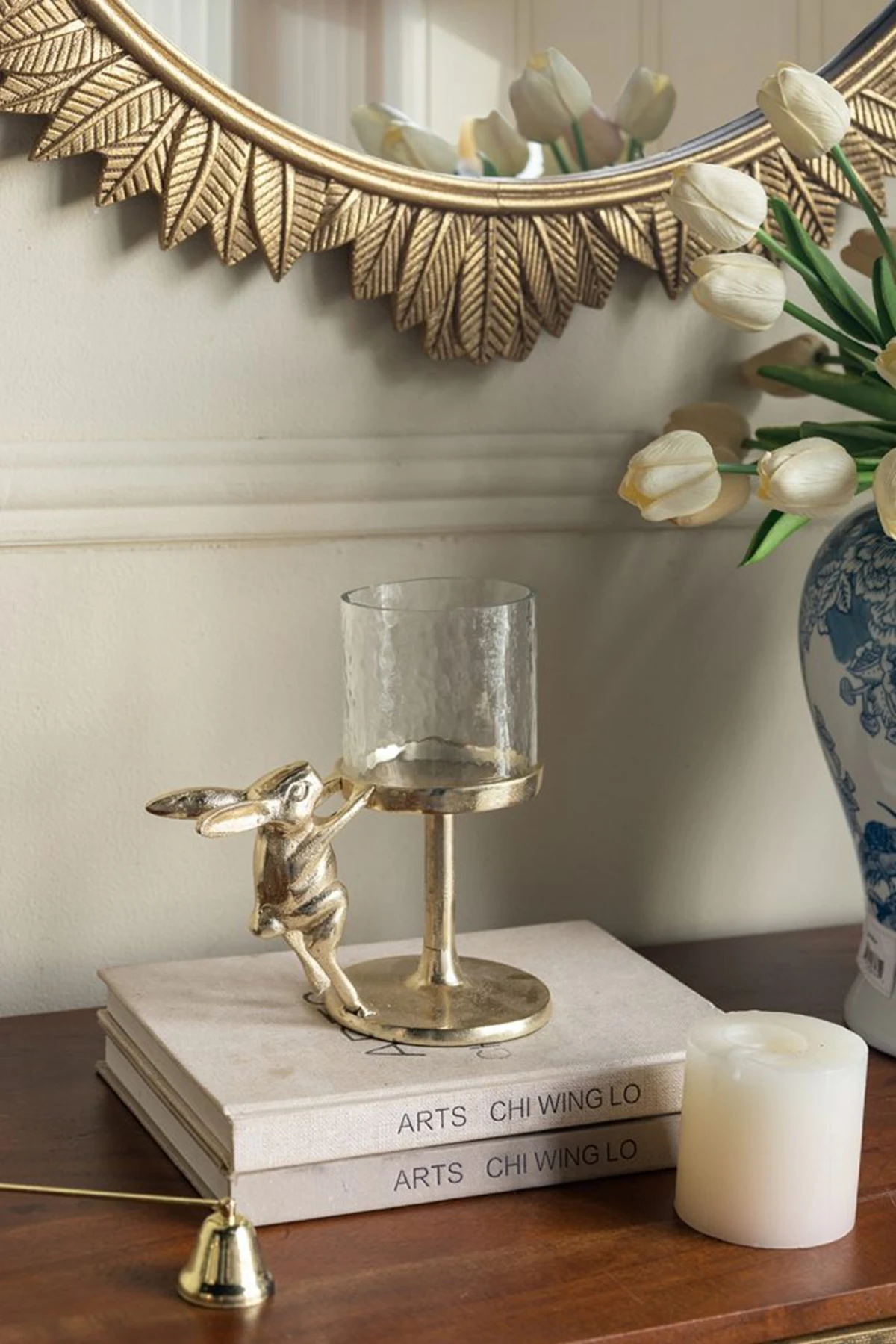 

Gold Rabbit Candle Holder with Glass Hurricane Shade - 7.5 Inch Modern Decorative Pillar Candle Stand for Tabletop, Bunny