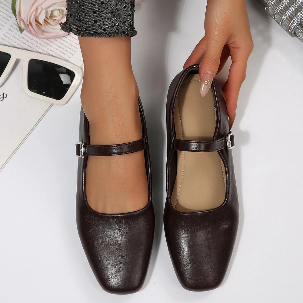 

2026 New Spring Women Ballet Flats Comfortable Square Toe Shallow Shoes Street Style Soft Leather Ladies Eelgant Dress Shoes