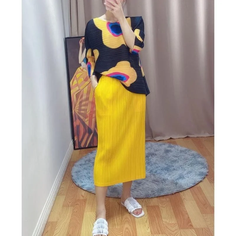 High Waist Midi Skirt Bodycon Pure Color Korean Style City Commute Polyester Fiber Folded Line Women's Fashion 003 PP Series