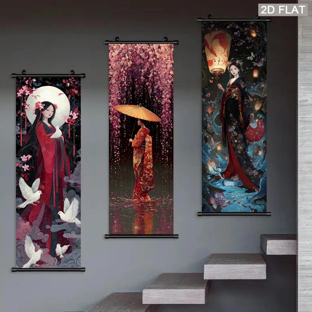 Japanese Kimono Girl Wall Scroll Tapestry, Cherry Blossom Beauty with Umbrella, Oriental Art Poster, Living Room Home Decor