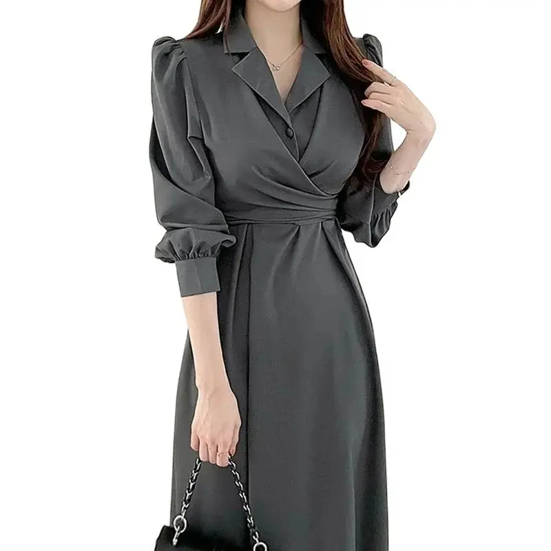 

2024 NEW Women's Dress Korean Chic Elegant Flip Collar Cross Up Lace Puff Sleeve Shirt Dress Slim Mid Length Dresses Ladies