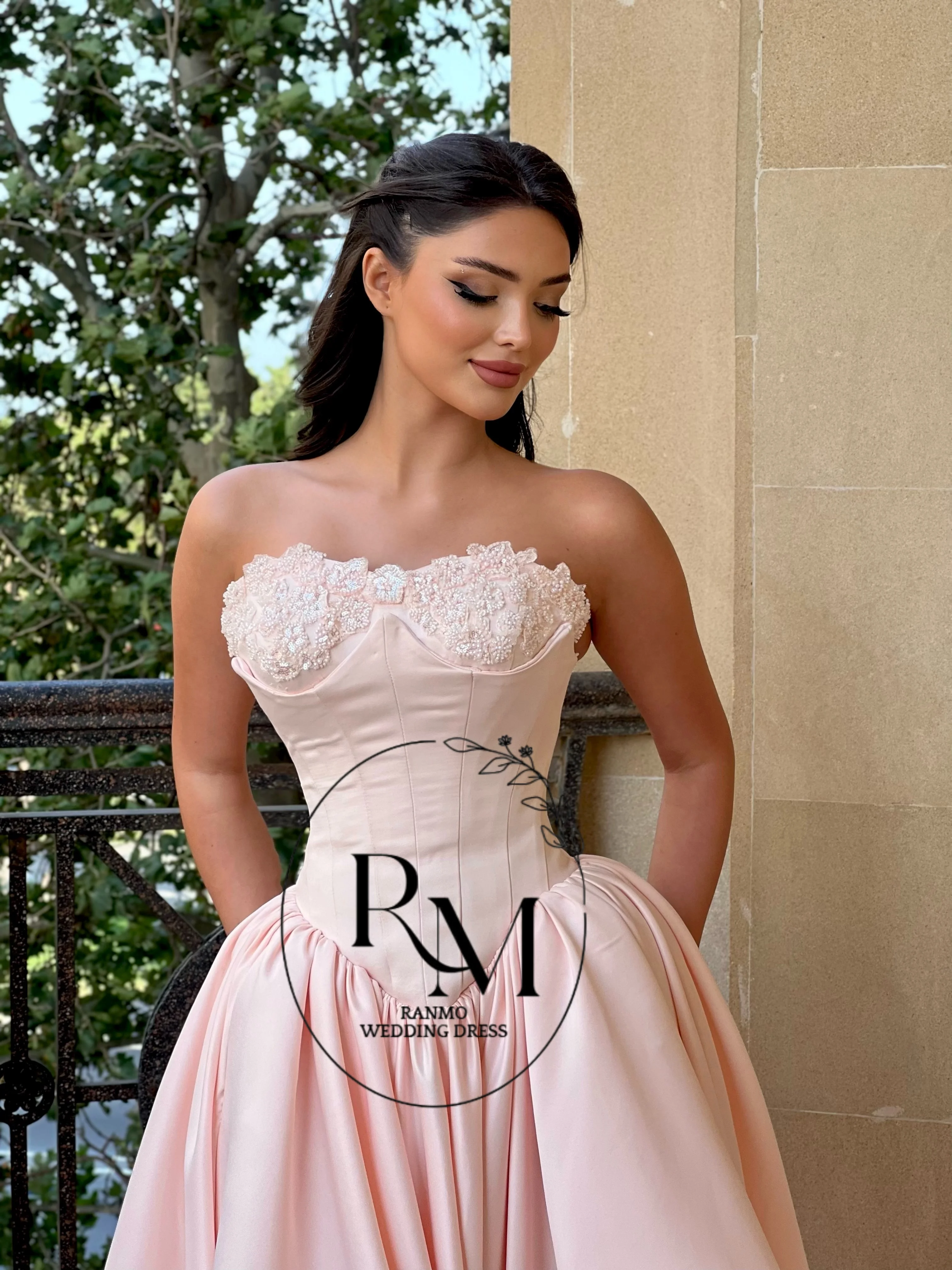 Ranmo CustomizedNew Wedding Guest Evening Dress Strapless Scalloped Floral Lace Corset Bodice High Waist Voluminous Gloss Satin