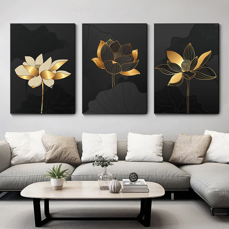 

3Pcs/Set Abstract Plants Golden Lines Lotus Flowers Lotus Leaves Canvas Posters Wall Art Prints Living Room Home Decor Frameless