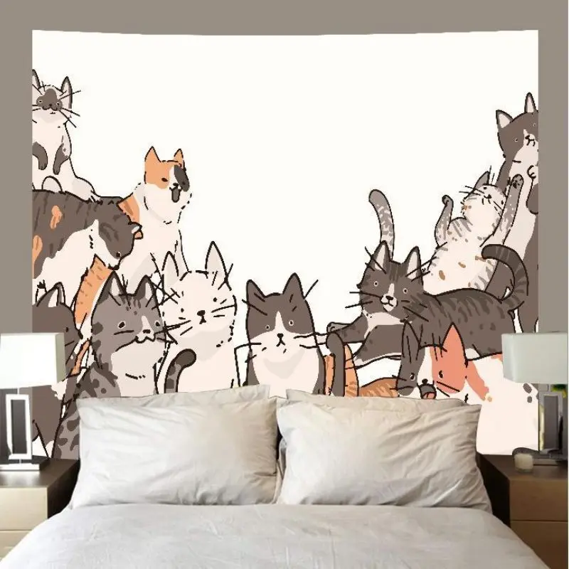 VIKAMA Group Cats Line Art Doodle Horizontal Tapestry Wall Hanging for Room Aesthetic Cozy Modern Minimalist Style Home Decor