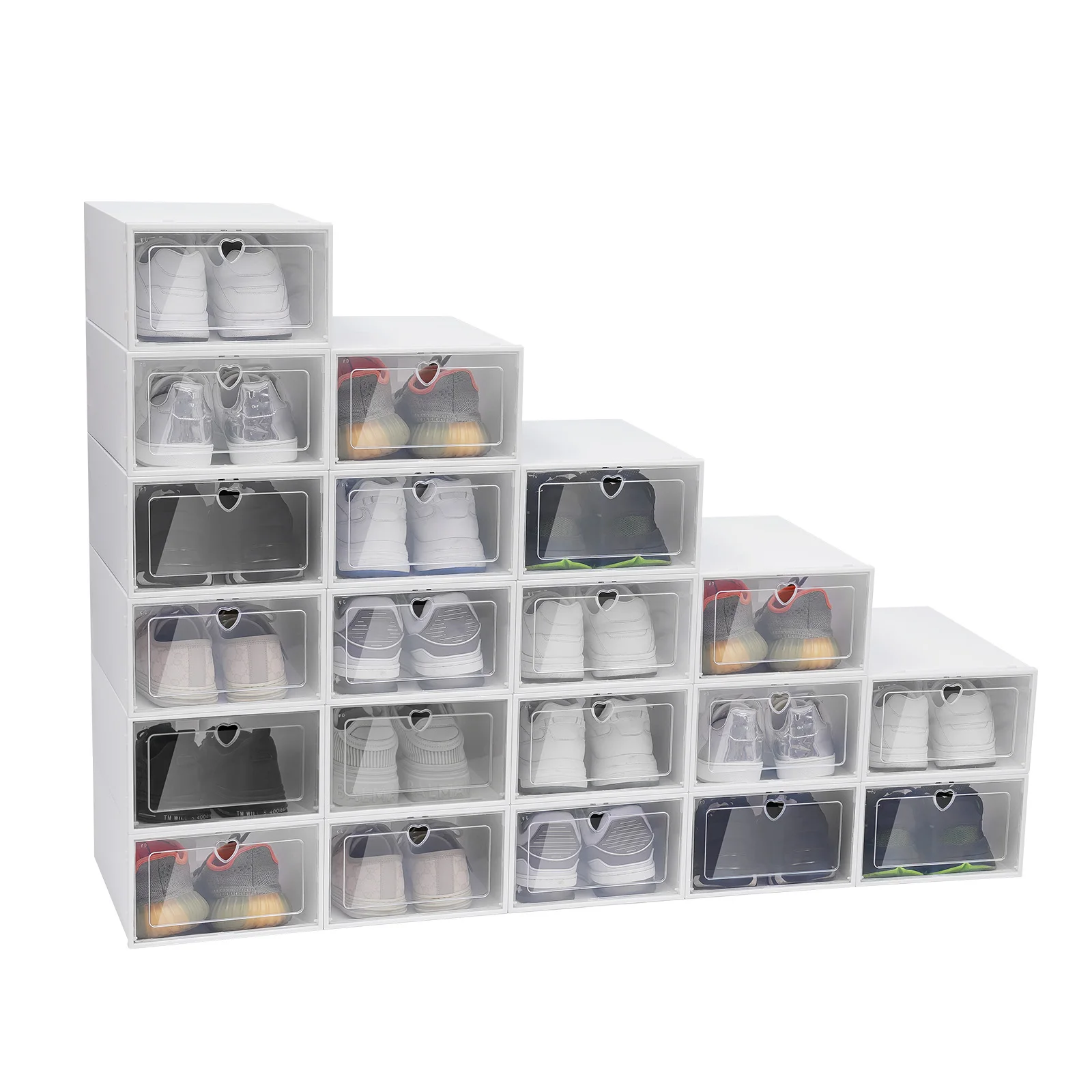 20 Pack Shoe Storage Box, Stackable Clear Plastic Shoes Organizer for Closet, Space Saving Foldable Shoe Rack with Lids (White)