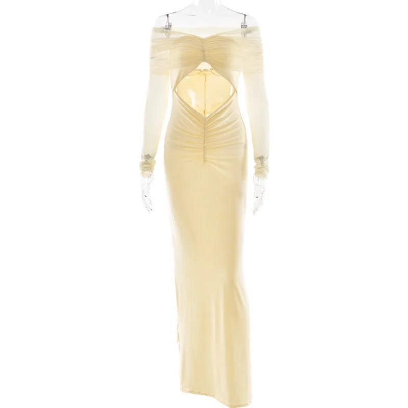 Women Elegant Sheer Mesh Patchwork Bodycon Maxi Evening Party Dress Ruched Hollow Off Shoulder Full Sleeve Birthday Long Robe