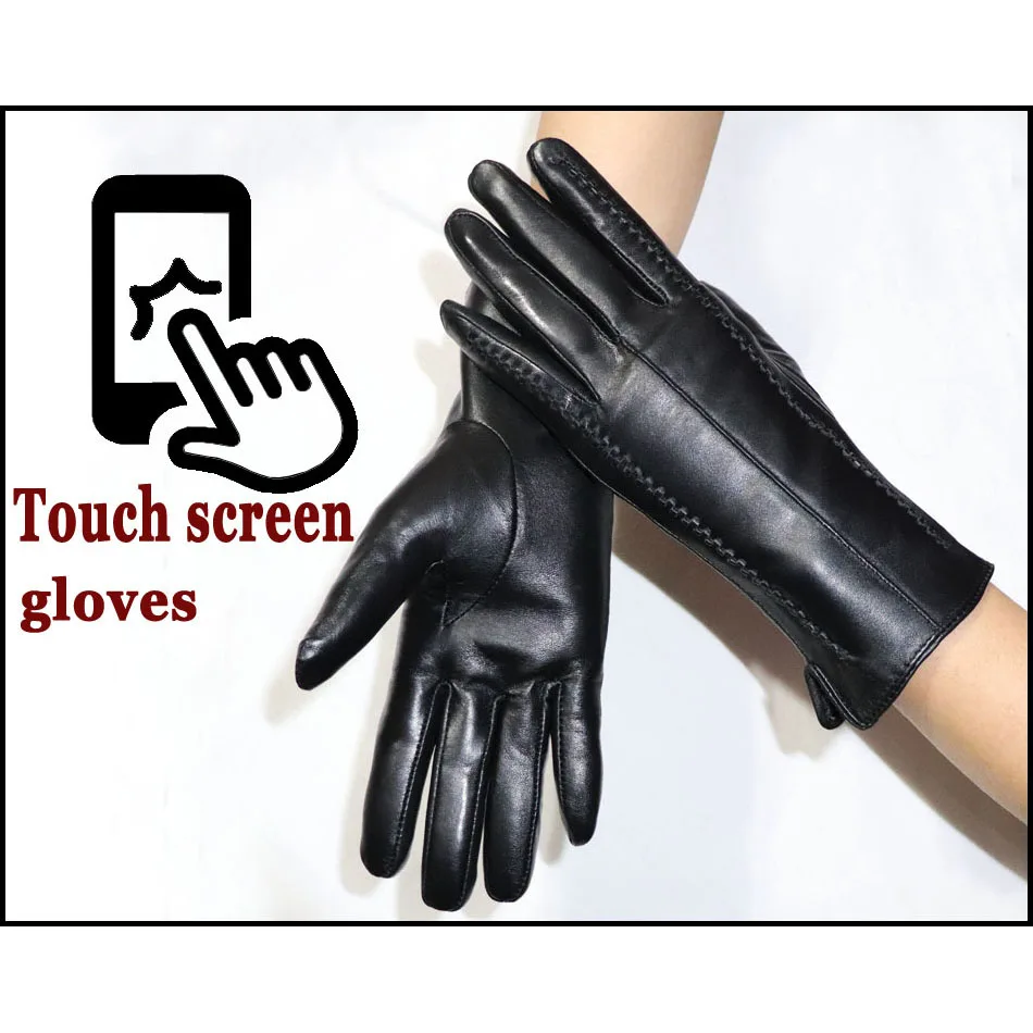 Women\'s Sheepskin Gloves Winter Warmth Plus Velvet Short Thin Touch Screen Driving Female Color Leather Gloves New High-end 2024