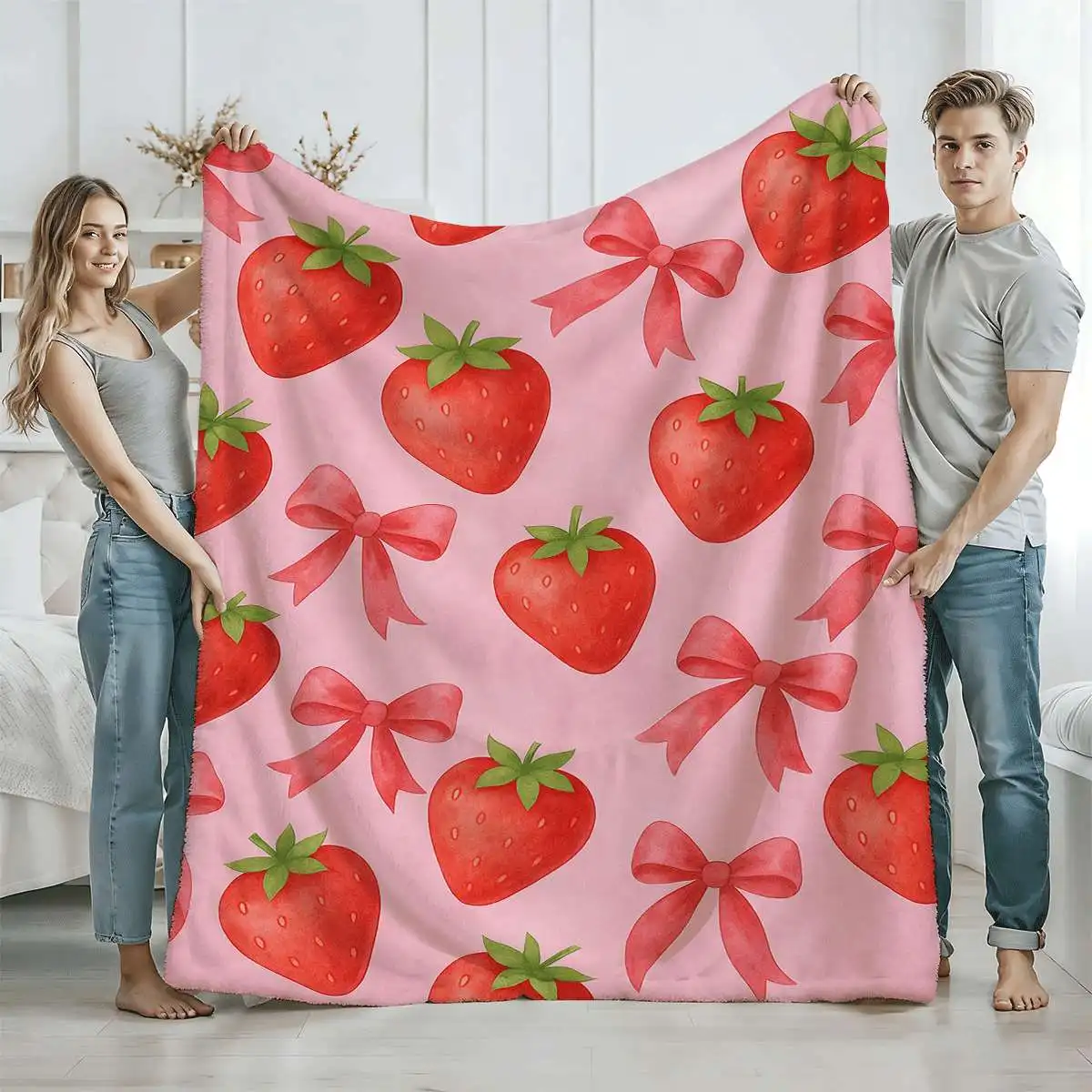 Pink Base Strawberry Bow Full Print Throw Blanket for Dorm Office Nap Bedroom Rest Birthday Anniversary Soft Casual Keepsake