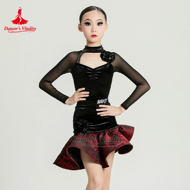 

Купальник с вырезом спереди для подростков Chacha, ажурный купальник + юбка, детская одежда для обучения латинским танцам, одежда для выступлений, жизненная сила танцора