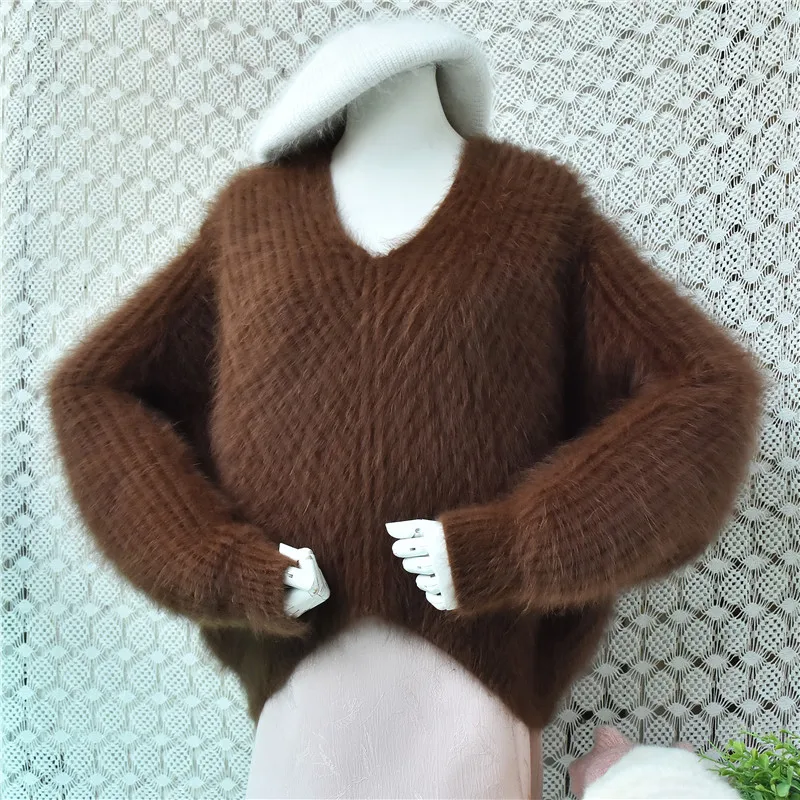 Heavy Thick Women Mujer Autumn Winter Clothing Hairy Mink Cashmere Knitted V-Neck Lazy Oaf Loose Pullover Sweater Jumper Pull