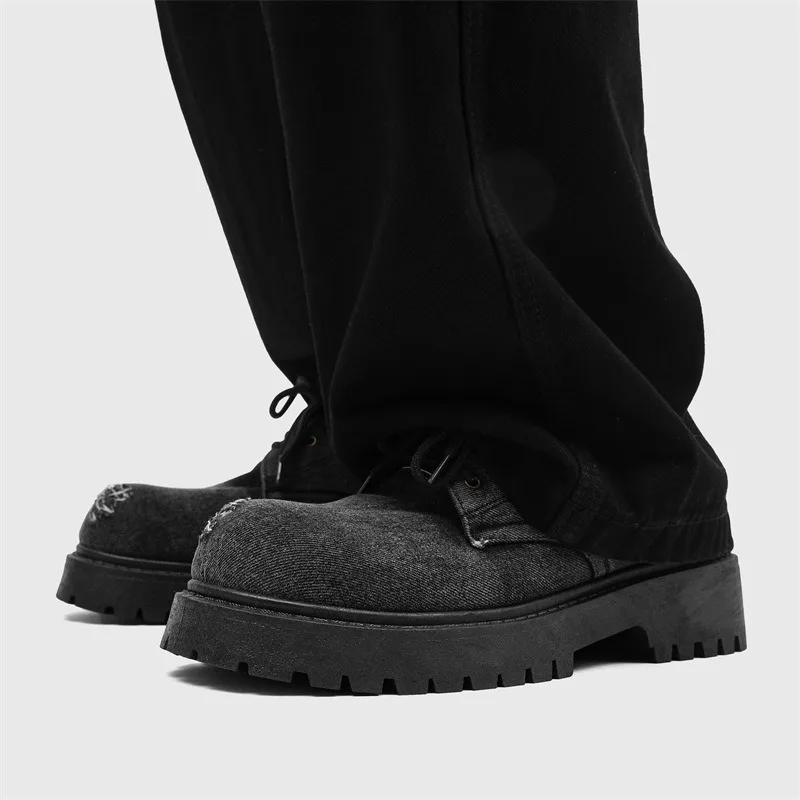 

Men's Distressed Denim Platform Round Toe Derby Shoes Casual Big Head Leather Shoes Niche Avant-Garde Streetwear Shoes for Mens