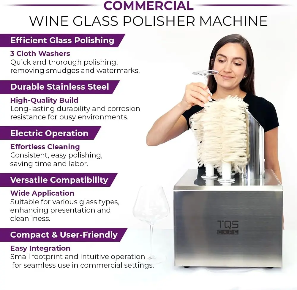 Commercial Wine Glass Polisher Machine - Electric Glass Polishing Machine with 3 Cloth Polishers - Stainless Steel Glass Polishe