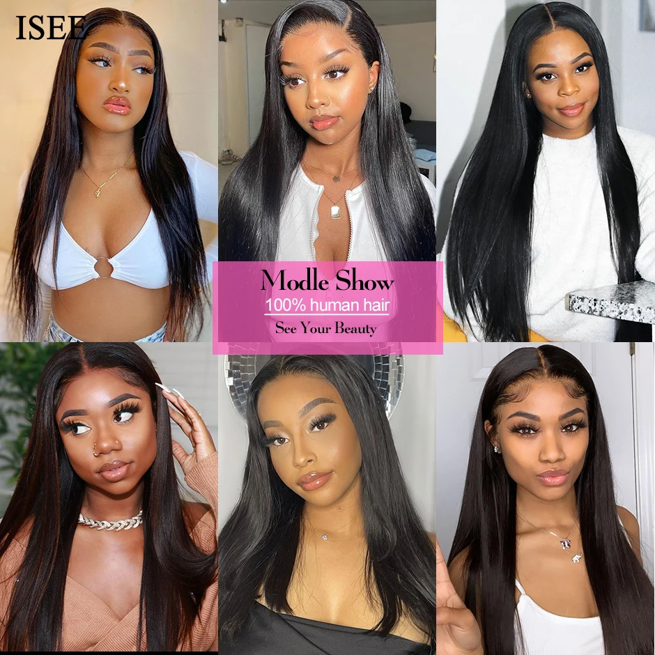 ISEE-Perucas dianteiras retas do laço para mulheres, cabelo humano brasileiro, 13x4, densidade de 220%