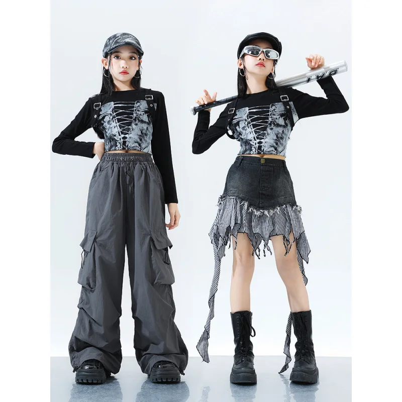 Kids Hip  Dance Girls Exposed Belly Button Black Top Jazz Dance Fashion Stage Performance Costumes Vintage Ripped Jeans