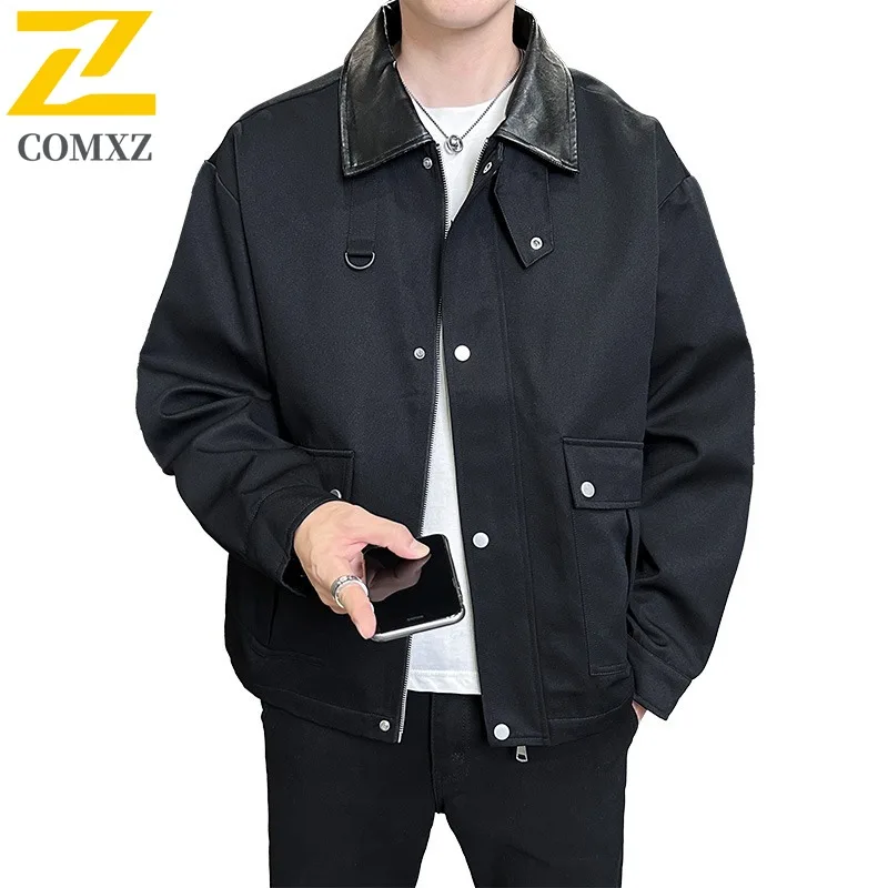 COMXZ Mens 2025 Large Size Fall Pure Color Turn down Collar Loose Fit Casual Jacket for Outdoor Outfit lightweight windbreaker