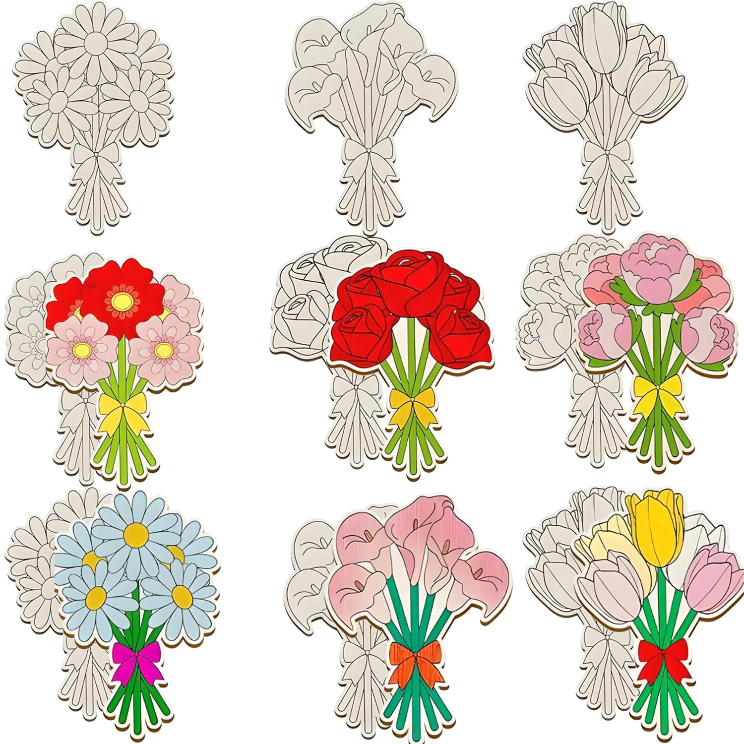 12 Stück/Set Holzblumenstrauß-Ornamente, Rosen/Lilien/Tulpen, Bastelbedarf für Muttertag, Tischdekoration, DIY-Geschenke