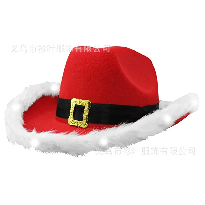 Christmas Hats Feather Black Belt Cowboy Hat Red Western Cowboy Hat Santa Claus Hat Belt Cowboy Cosplay Headwear