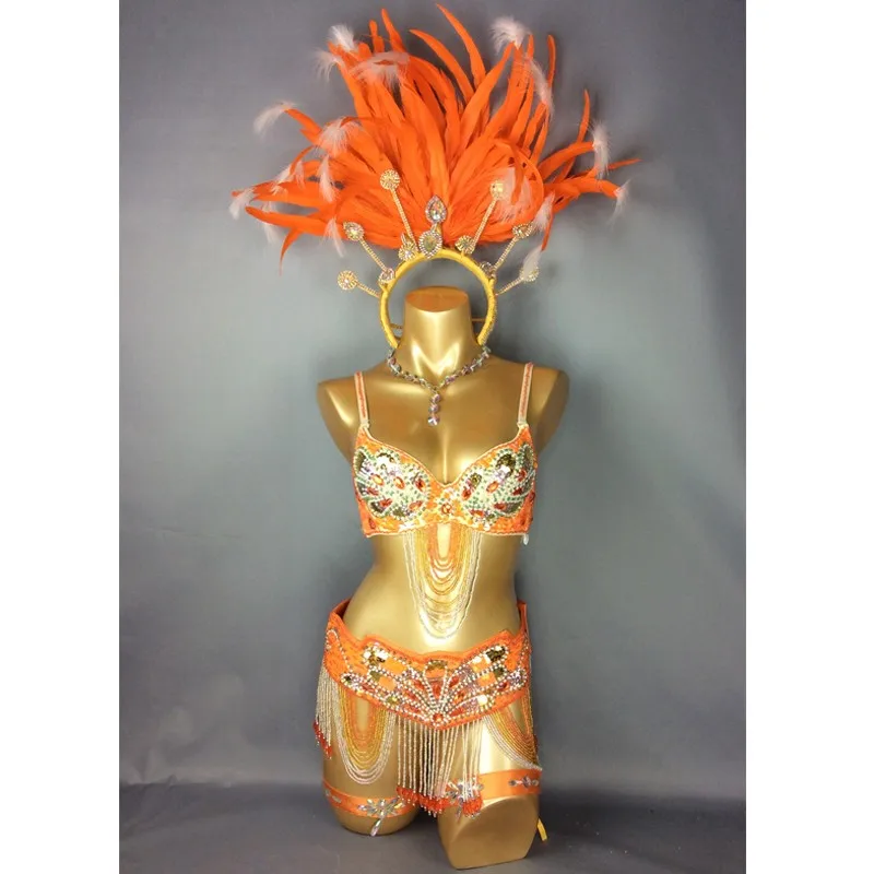 Handmde new belly dance costume with Orange Feather Head piece hot selling Sexy Samba Rio Carnival Costume  free shipping