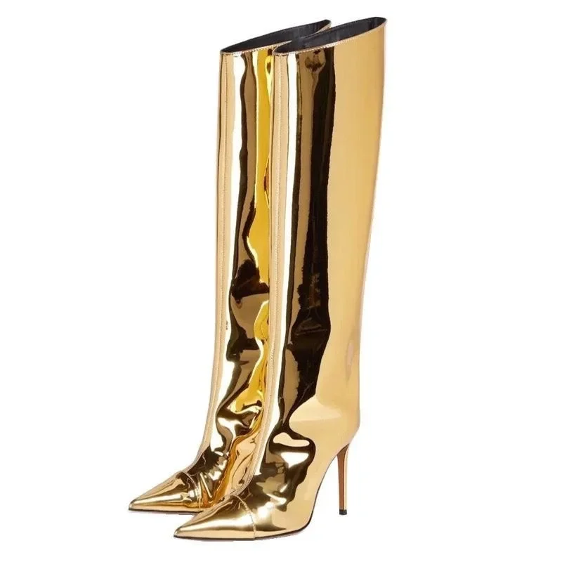 Eilyken Autumn Winter Gold Silver Designer Patent Leather Women Long Knee High Heels Boots Punk Pointed Toe Sexy Zapatos mujer