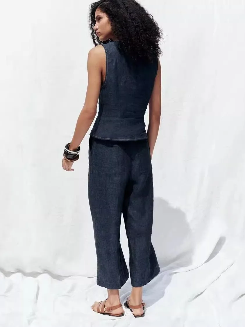 새로운 여름 여성용 매력적인 린넨 더블 브레스티드 라운드 넥 민소매 조끼 패셔너블한 출퇴근 스타일 슬림 핏 단색 셔츠