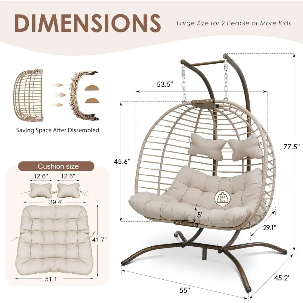 2-osobowe podwójne krzesło w kształcie jajka, wewnętrzne patio na świeżym powietrzu wiklinowe krzesło wiszące krzesło huśtawka krzesła w kształcie jajka z beżowymi poduszkami podwójne siedzenia