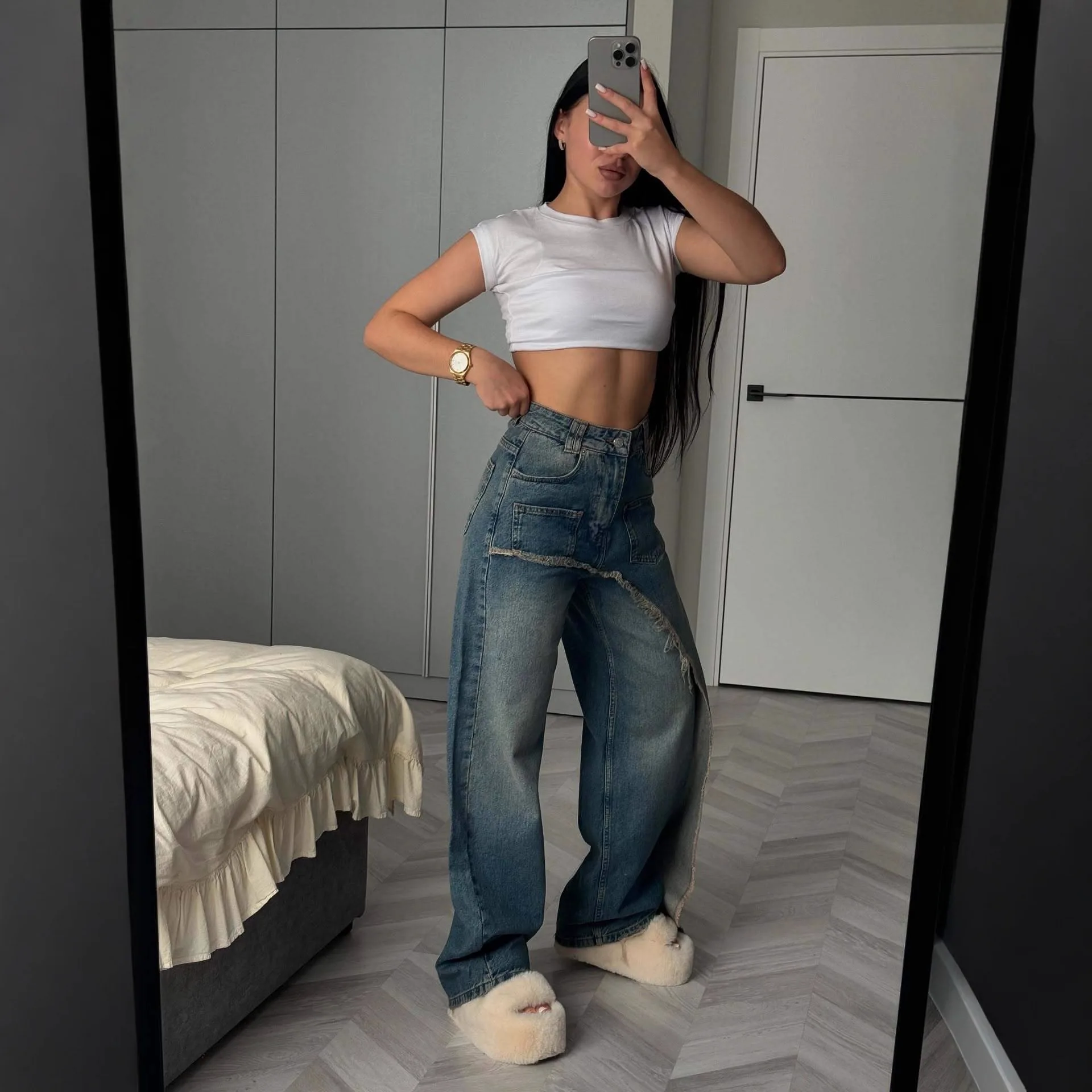

Fashion Retro High Waisted Classic Washed Denim Pants Women Fringed Edge Splicing Design Slightly Flared Wide Leg Pants