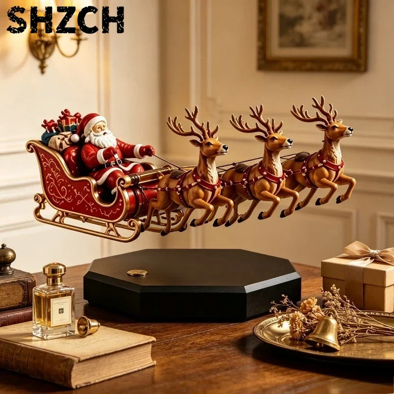 Magnetic Floating Santa Sleigh Ornament Decor Figurine Rotating Reindeer Levitation for Christmas Desktop Tabletop Home Gift