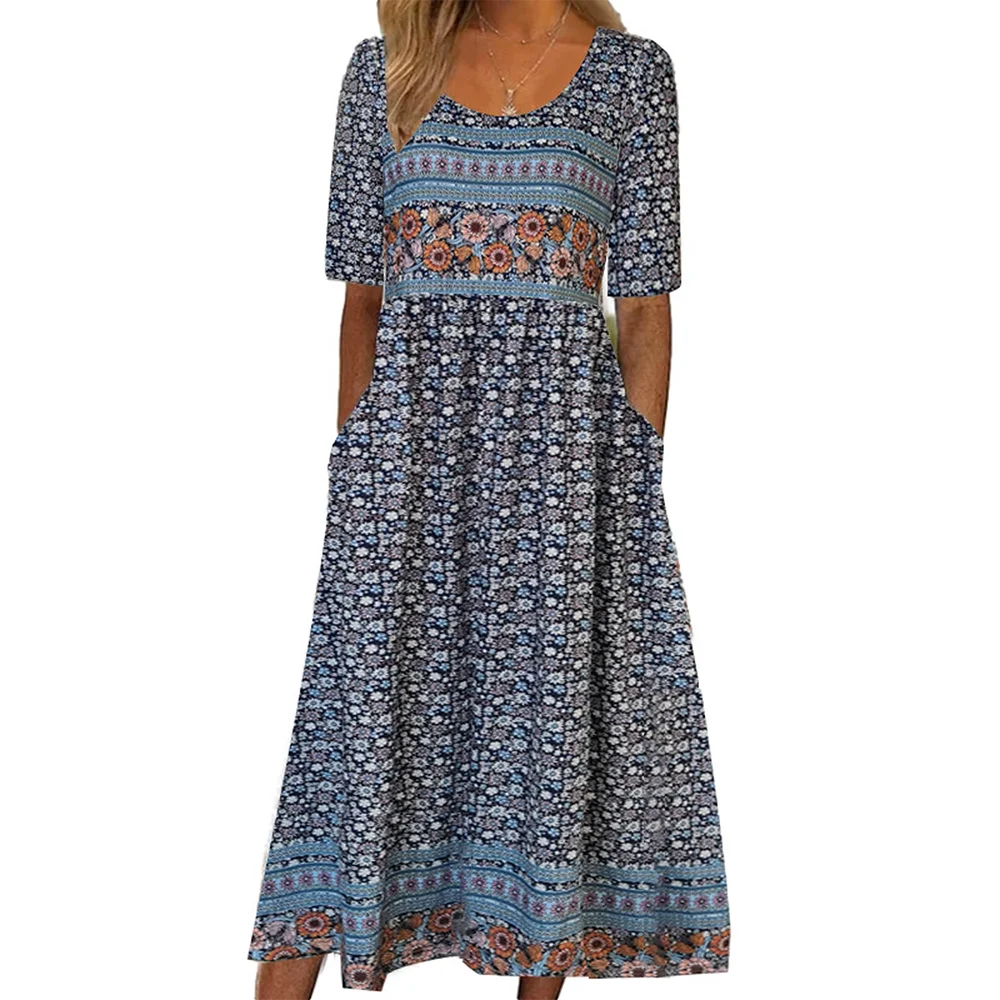 2026 Sommer Neues Damenkleid mit Rundhalsausschnitt, Kurzen Ärmeln und Langem Rock im Boho-Stil für Europa und die USA – Detail 5