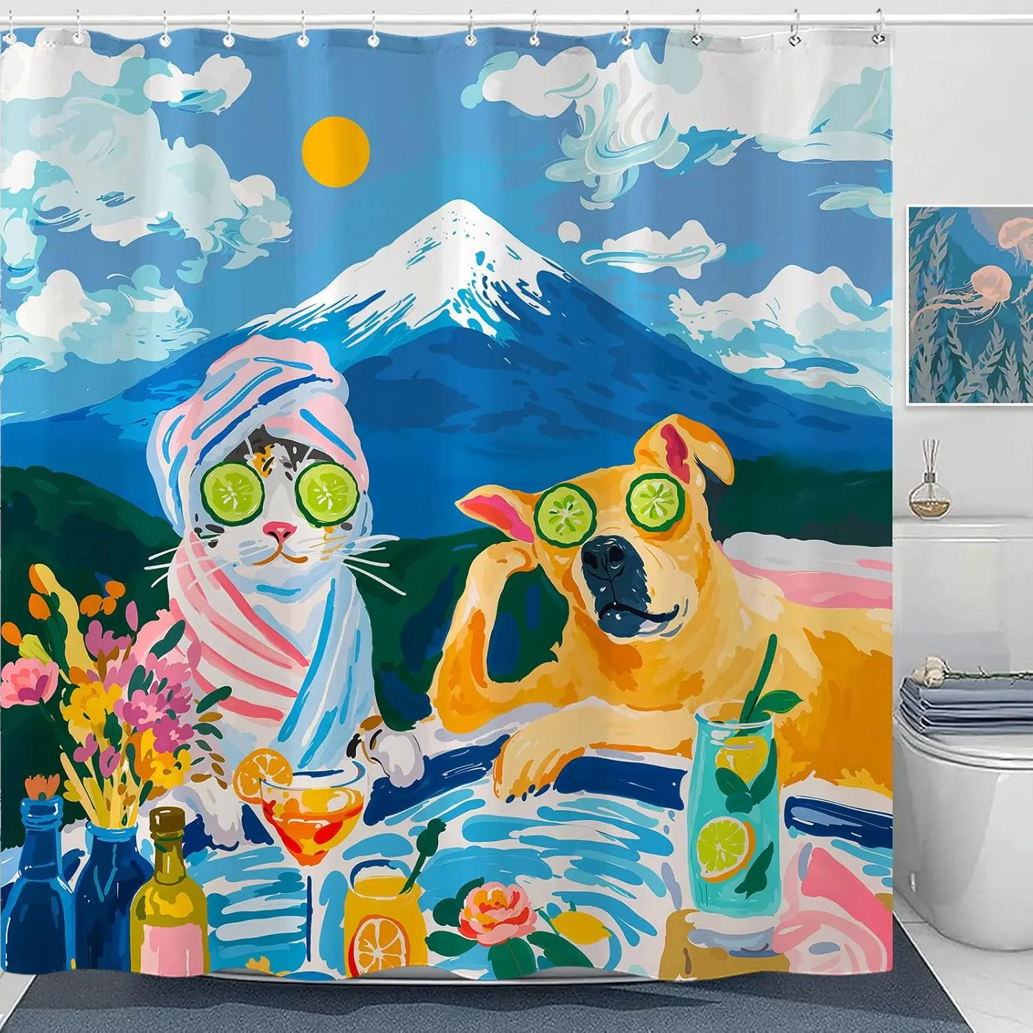 Spa Cat Shower Curtain Set Relaxing Pool Scene Waterproof Bathroom Shower Curtain Humorous Feline Art Print Retreat Home Decor