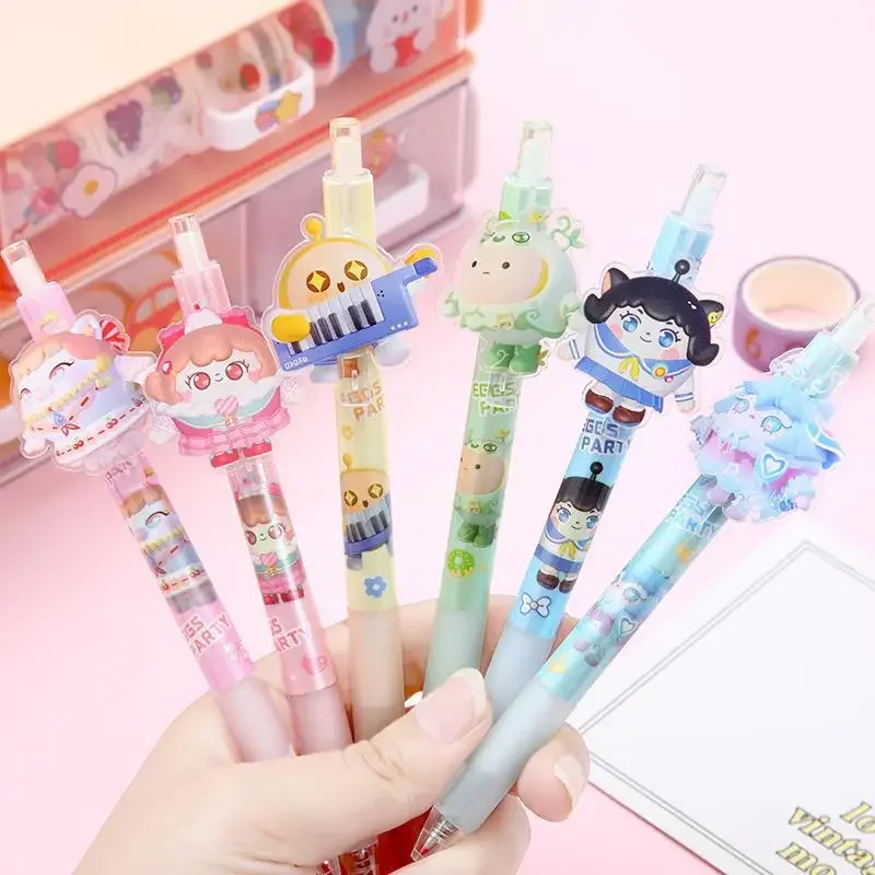 6PCS Creative Fun Egg Party Unisex Pen Ins Style New High Beauty Pop Cartoon Press Pen Student Game Cute Black Pen