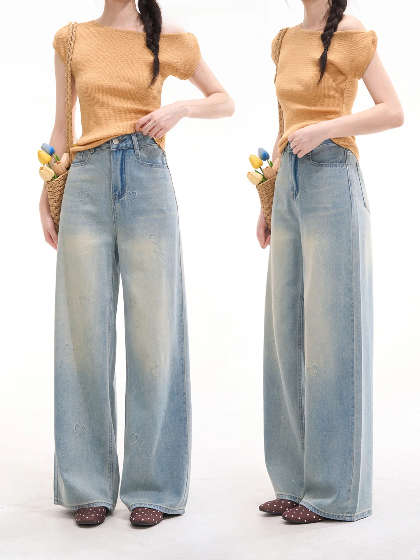 

Spring Summer Women's Loose Fit Cotton Jeans Embroidered Heart Shiny Sequins Straight Leg Denim Pants Cute Style Heme