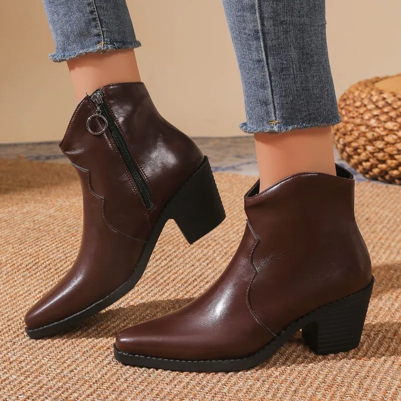 2024 Winter New Fashion Western Cowboy Ankle Boots Female Casual Platform Pointed Toe Designer Slip-On High Heels Women’s Shoes