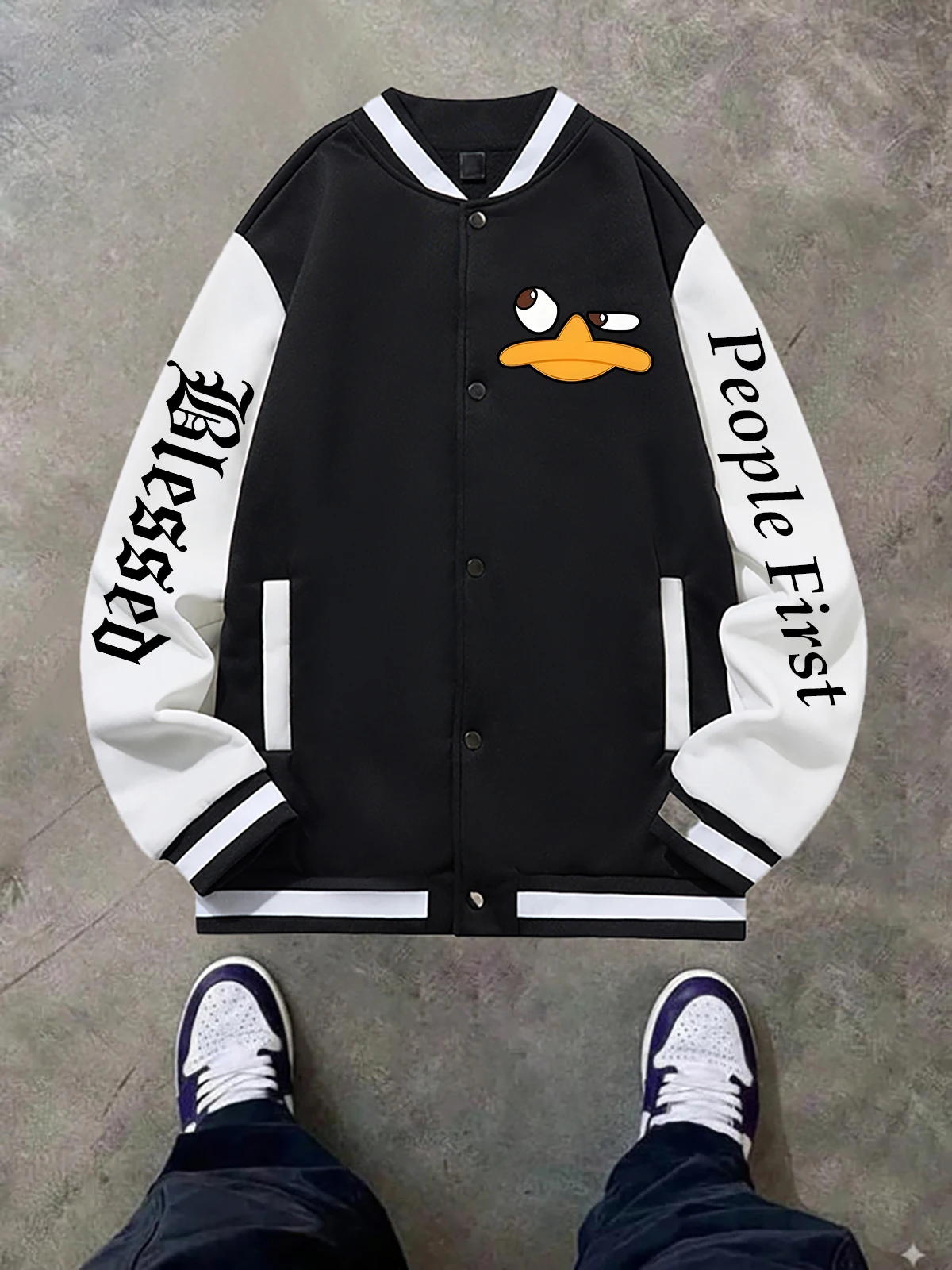 

Black Blue Green Double-Sided Print Jacket Loose Oversized XS-XXL Unisex Baseball Jacket Streetwear Coat Warm Fleece Soft Jacket