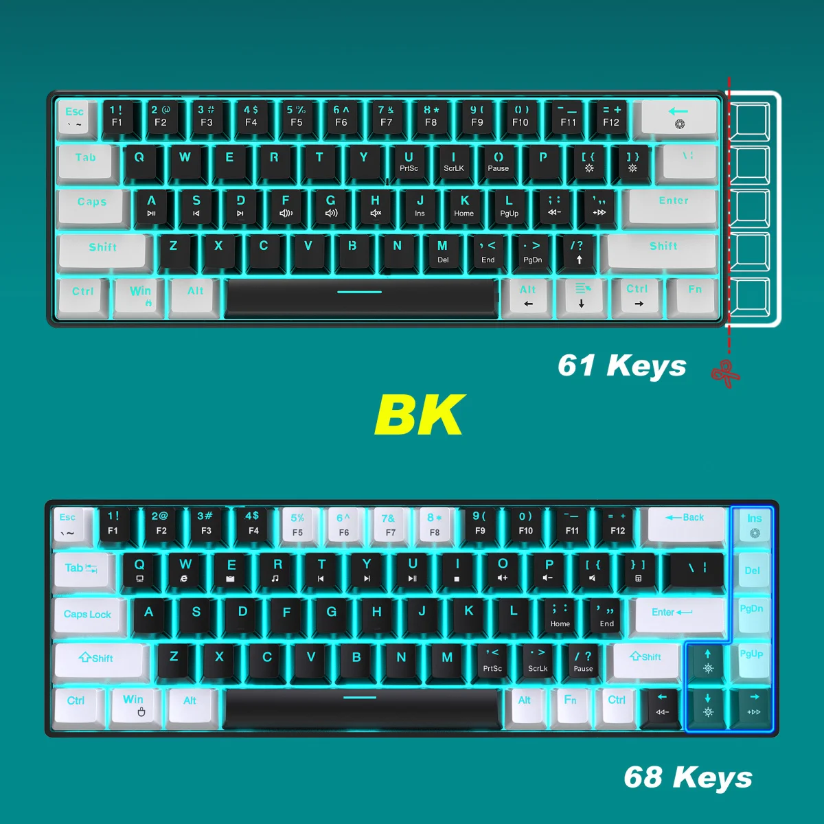 HXSJ new wired 68 key mechanical keyboard hot plug dual color injection molding keycap ice blue light USB-C keywire separation