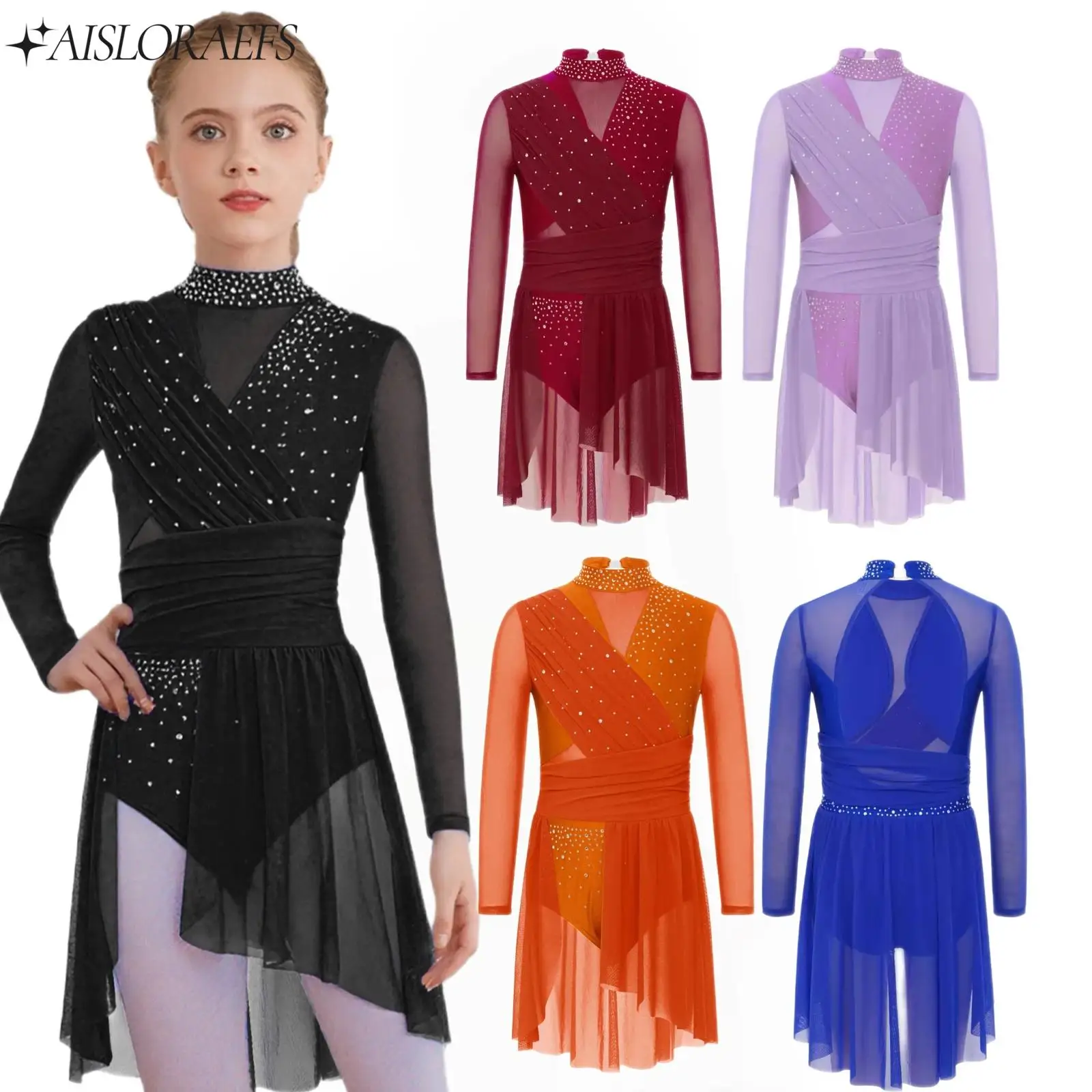 

Kids Girl Rhinestones Lyrical Dance Dress Contemporary Performance Costume Side Split Sheer Mesh Dress Ice Skating Dance Clothes