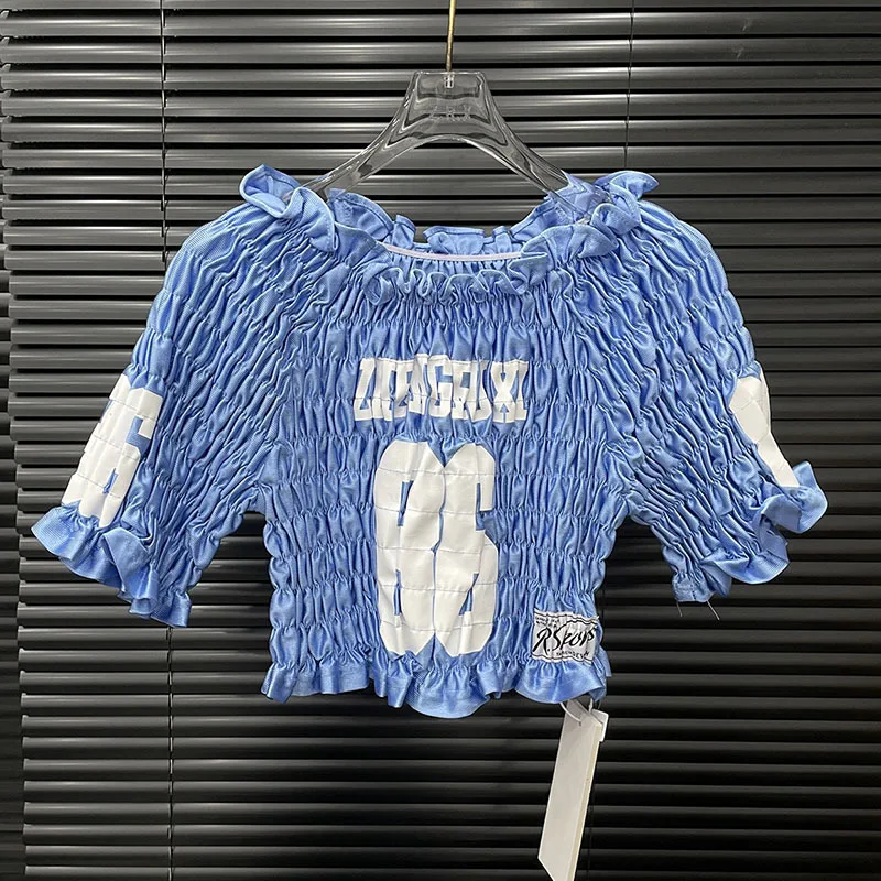 DEAT أزياء المرأة مطوي تي شيرت مطاطي الإناث المتخصصة تصميم إلكتروني طباعة التباين اللون قصيرة الأكمام أعلى الإناث 11A05035