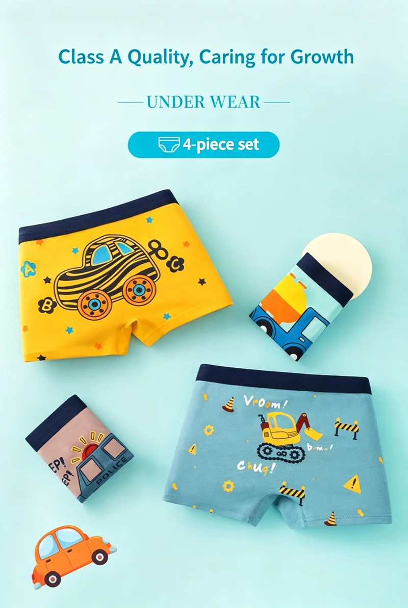 4 Stück Jungen-Unterwäsche Baumwoll-Boxershorts mit Cartoon-Auto-Motiv für Kinder 2-12 Jahre Atmungsaktive Weiche Kinderunterhosen Baby-Jungen-Shorts – Detail 2
