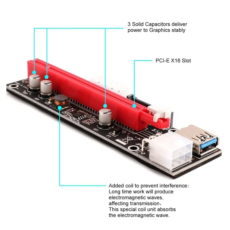 8Pcs Pcie Riser,3 In 1 1X To 16X Pcie Riser Board With LED Light, -USB 3.0 Cable, 3 Power Options (6 Pin/SATA/Molex)